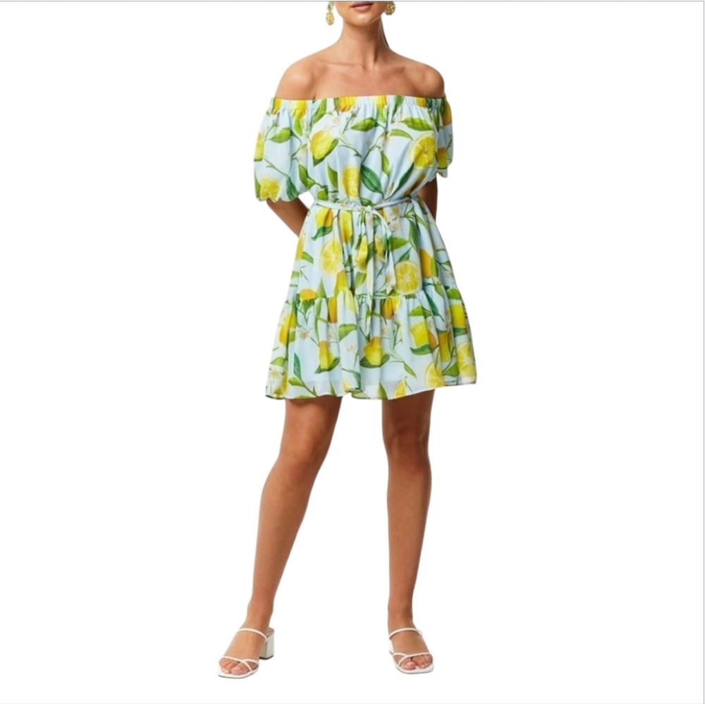 MESTIZA | 'Willow' Lemon Print Off-Shoulder Mini Dress in Limoncello Siz…